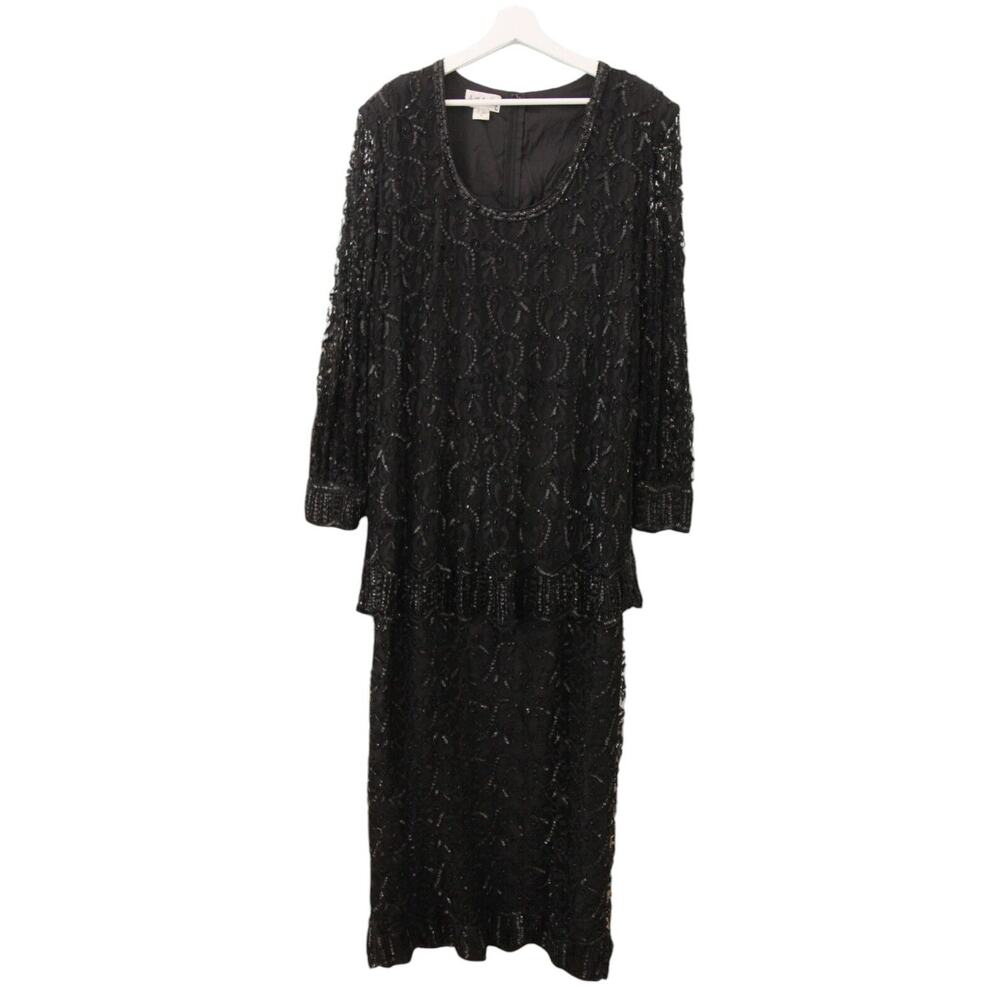 Judith Ann Plus Vintage Black Beaded Sequin Mesh Drop Waist Party Dress 1X